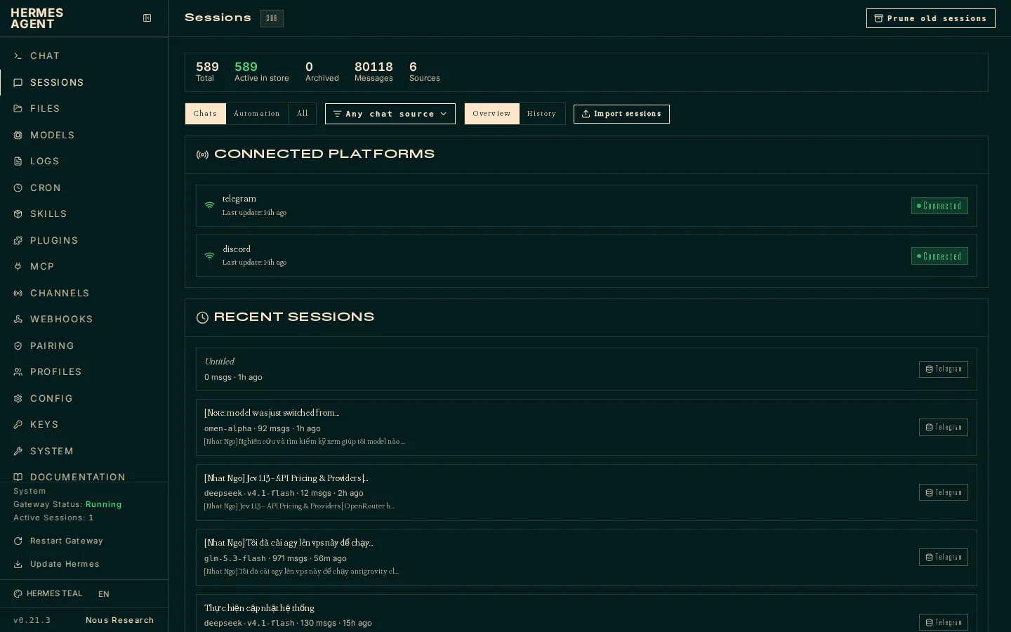 Dashboard web của Hermes Agent: chat, sessions, cron, skills...